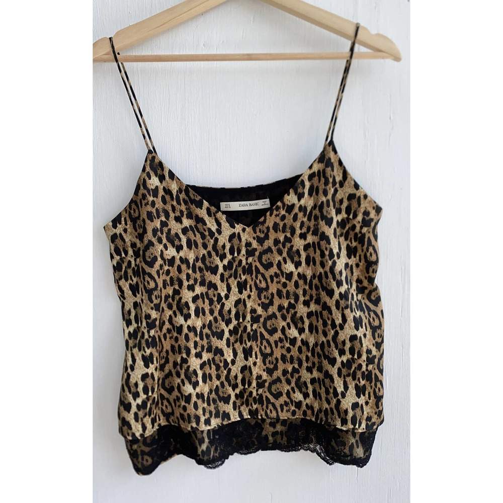 ZARA Animal Print Cami Tank Top Lace Trim Lined Size M